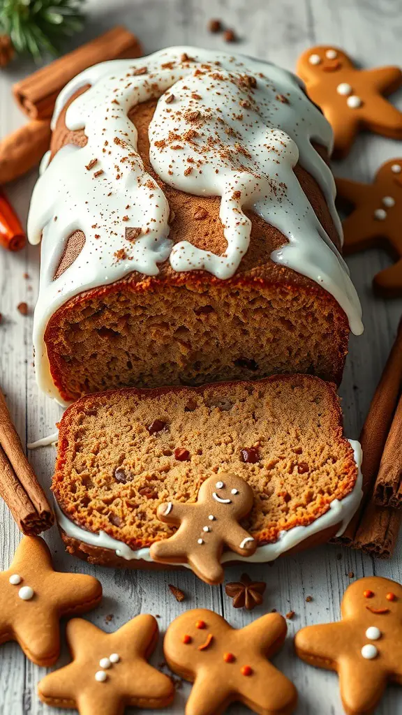 A gingerbread loaf with icing and gingerbread cookies on the side, surrounded by cinnamon sticks.