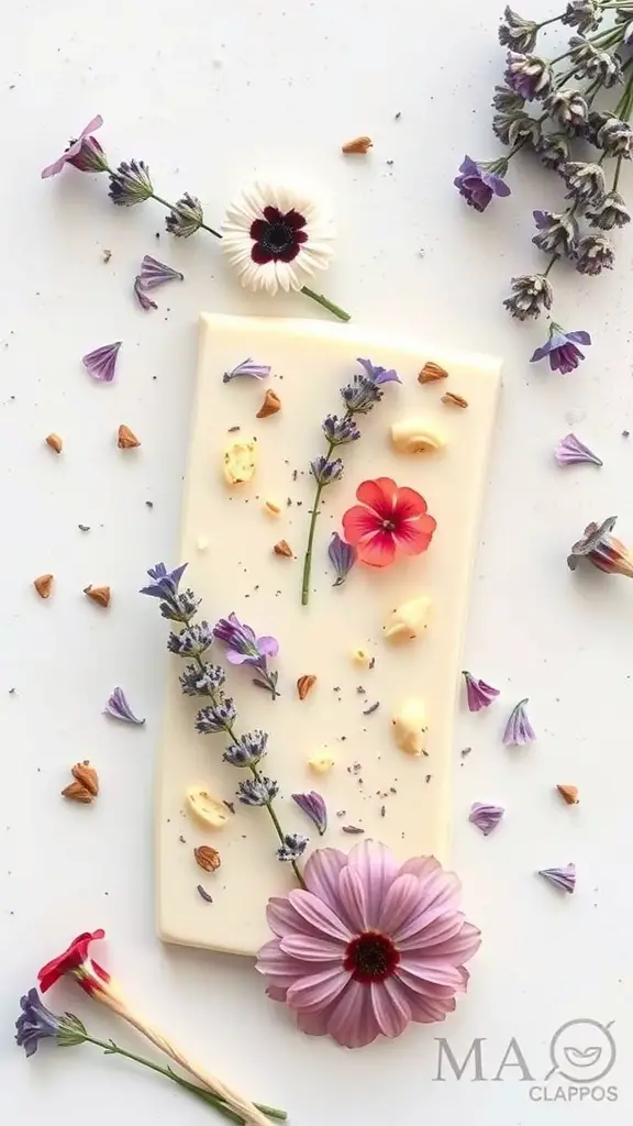Lavender Honey White Chocolate Bark with edible flowers and lavender sprigs