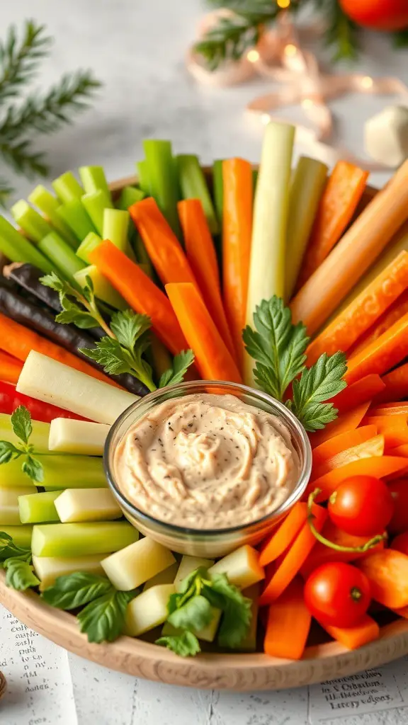 A colorful holiday veggie platter with carrots, celery, cucumbers, cherry tomatoes, and a creamy dip in the center.