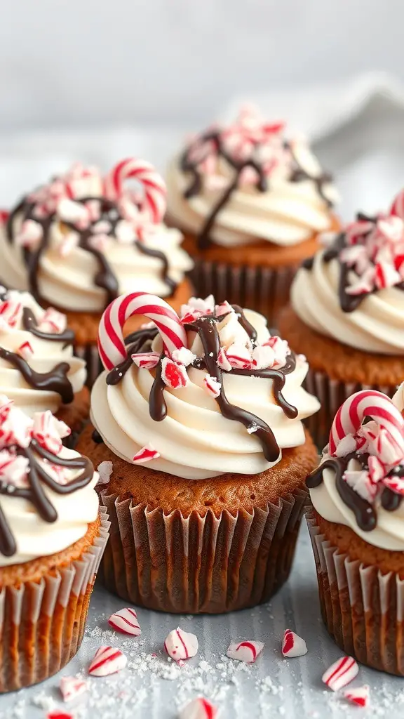 Peppermint mocha cupcakes topped with white frosting, crushed peppermint, and chocolate drizzle.