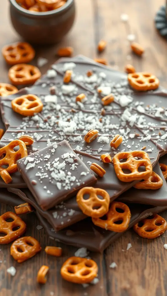 Classic Chocolate Pretzel Bark with pretzel pieces and sea salt on a wooden surface.