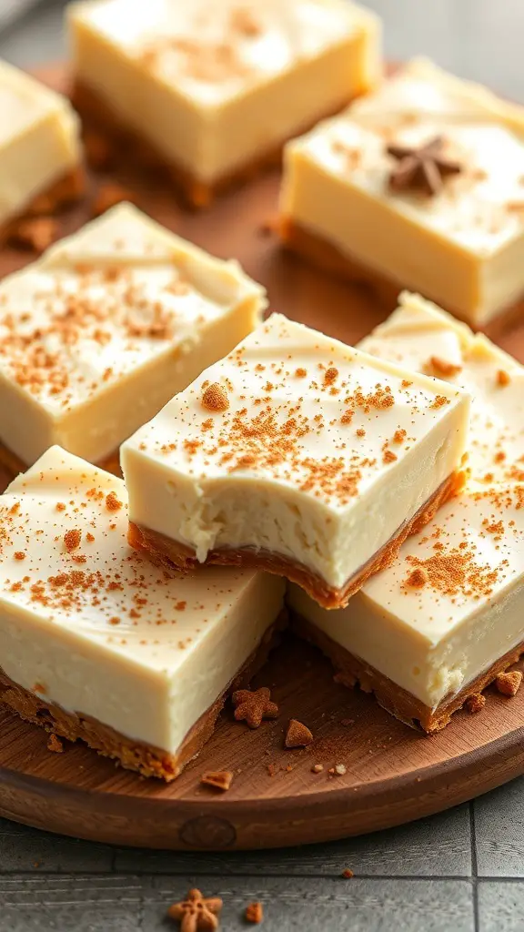 Eggnog cheesecake bars on a wooden platter, topped with nutmeg and gingerbread cookies.