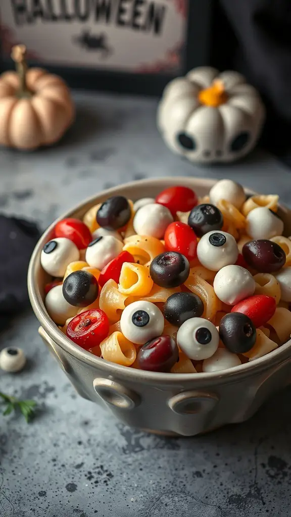 A bowl of colorful Eyeball Pasta Salad with pasta, olives, and mozzarella balls, perfect for Halloween.