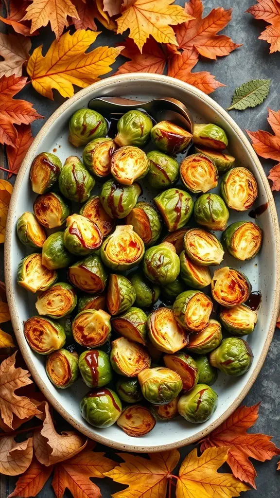 A platter of roasted Brussels sprouts with balsamic glaze, surrounded by autumn leaves.
