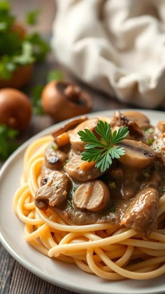A plate of Mushroom Stroganoff with egg noodles, garnished with parsley.