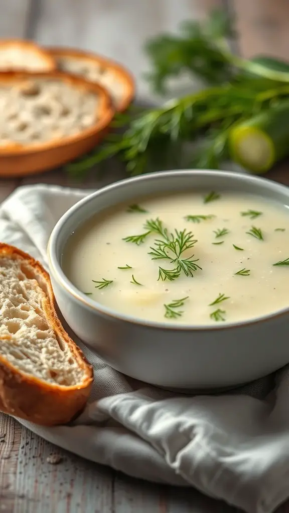 A bowl of chilled cucumber soup garnished with herbs, accompanied by a piece of bread.