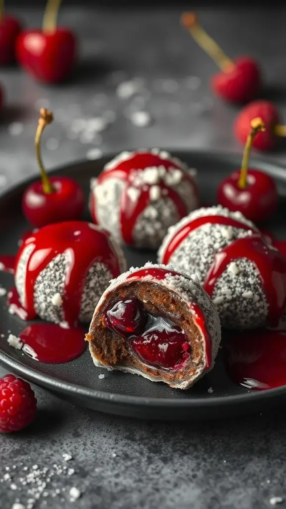 Vampire Blood Cherry Truffles on a black plate with cherry sauce and fresh cherries