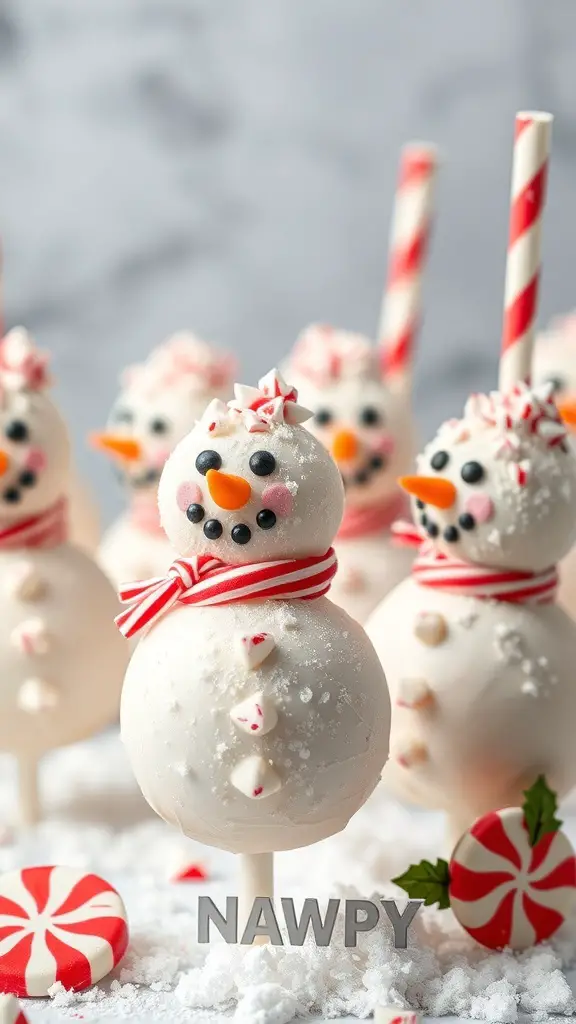 Peppermint snowman cake pops decorated with candy eyes and scarves