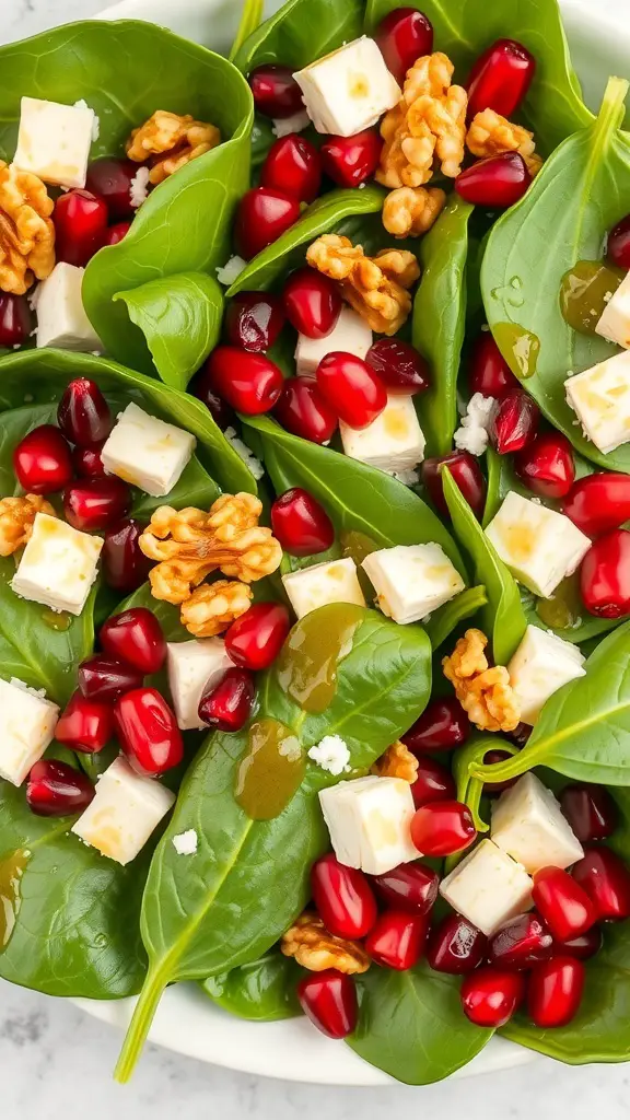 A vibrant holiday spinach salad with spinach leaves, pomegranate seeds, walnuts, and feta cheese.