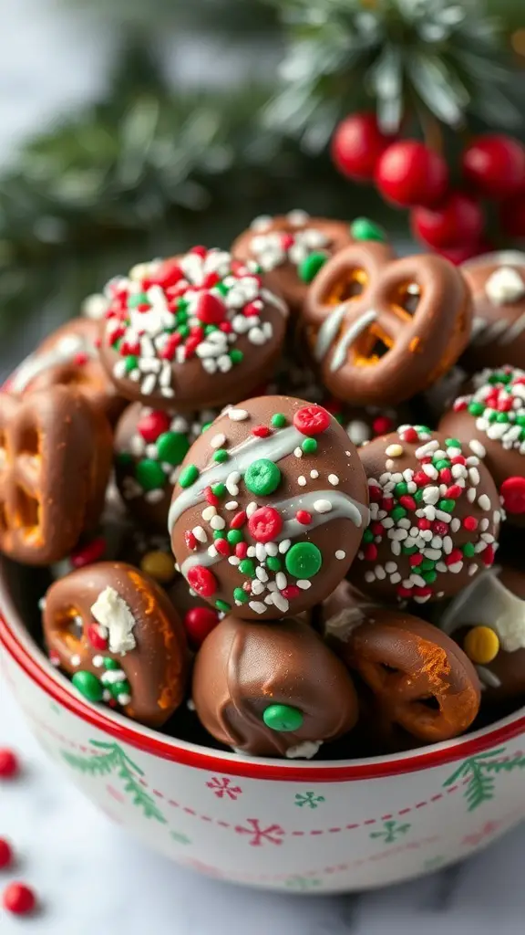 A bowl filled with chocolate-covered pretzel bites decorated with colorful sprinkles and candies.