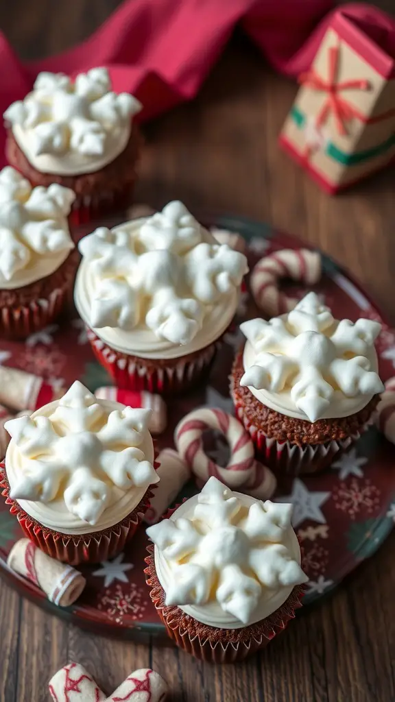 Cupcakes topped with marshmallow frosting shaped like snowflakes