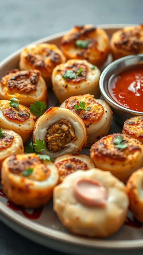 A plate of stuffed paneer bites with spices, garnished with cilantro and served with a dipping sauce.