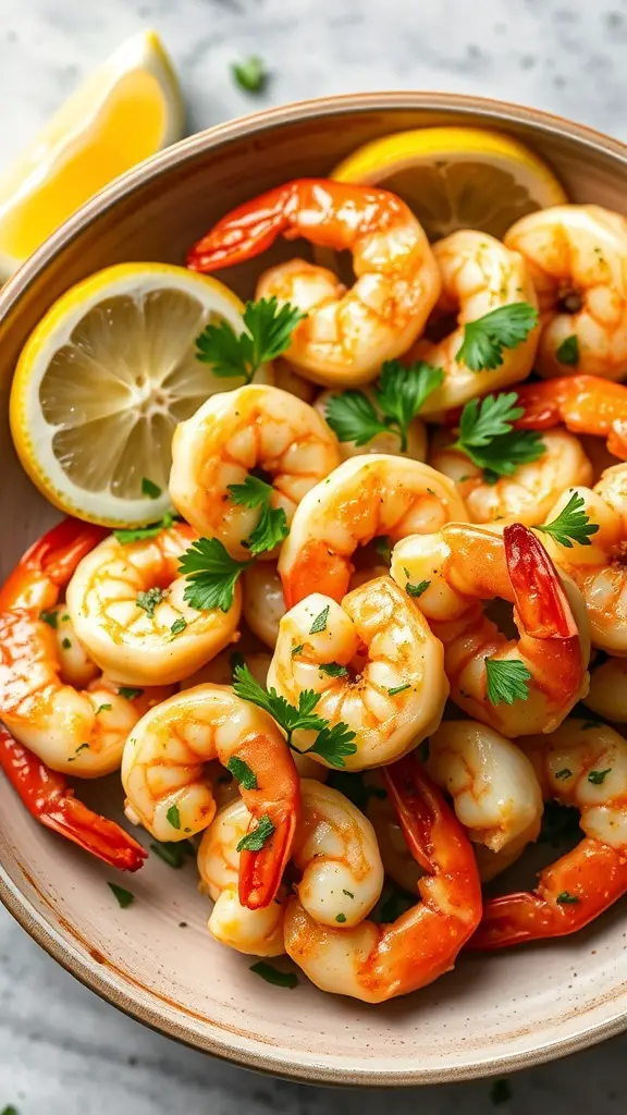 A bowl of garlic parmesan roasted shrimp garnished with parsley and lemon slices