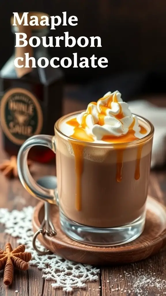 A cup of Maple Bourbon Hot Chocolate topped with whipped cream and caramel, surrounded by cinnamon sticks and snowflakes.