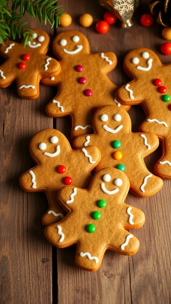 A collection of gingerbread men cookies decorated with colorful candies and icing on a wooden surface.