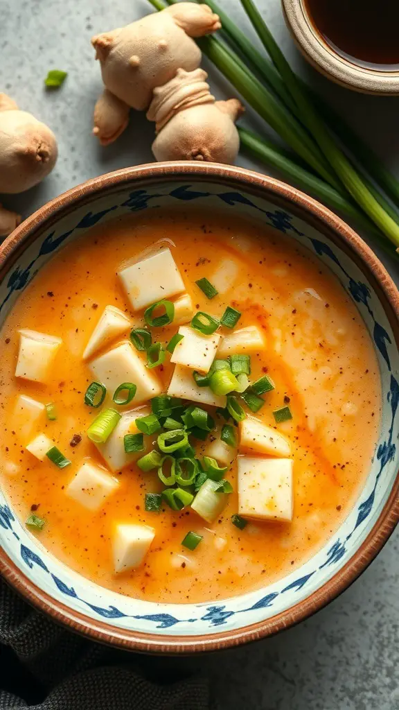A bowl of Asian-inspired crab chowder garnished with green onions, with a side of dipping sauce and decorative figures.