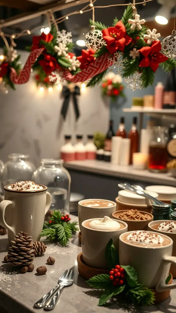 A festive hot chocolate bar with mugs, toppings, and decorations.