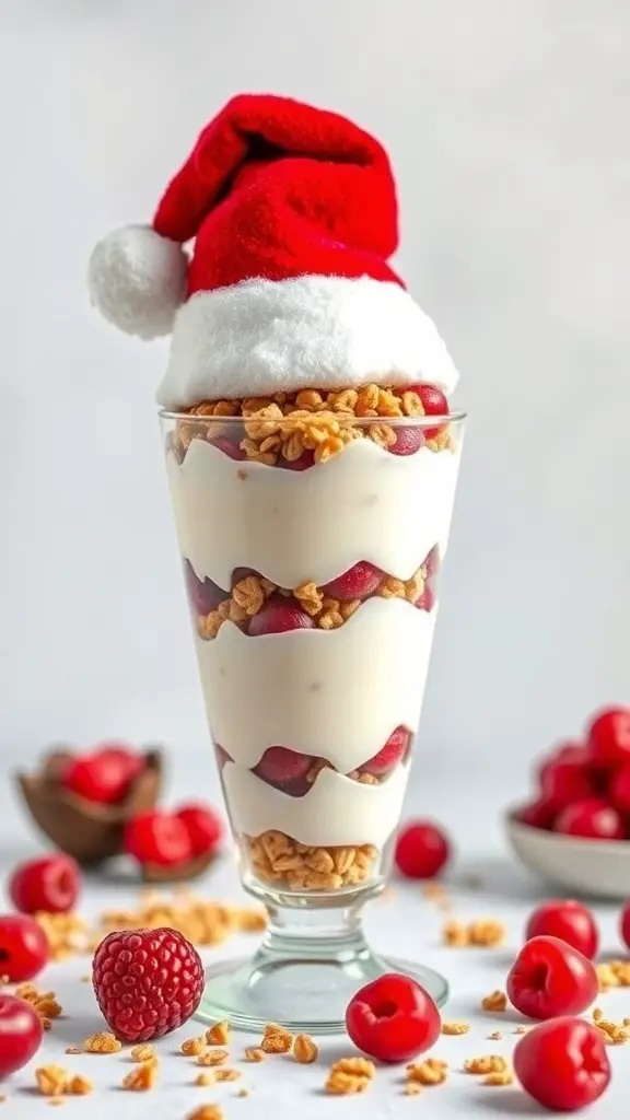 A festive yogurt parfait with layers of yogurt, granola, and berries, topped with a Santa hat.
