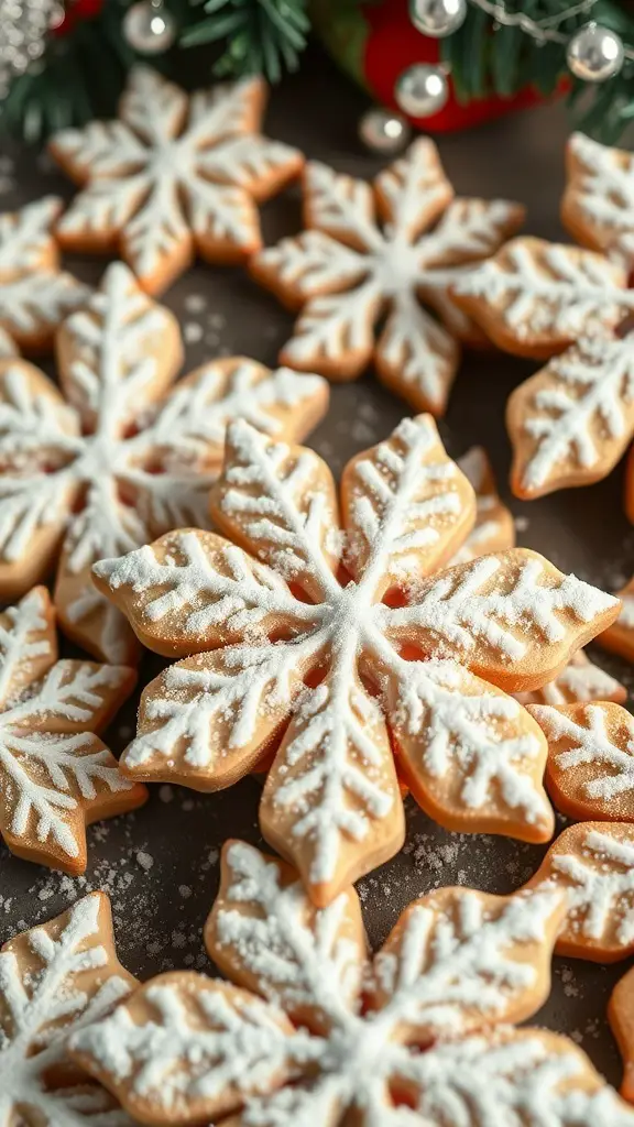 A close-up of beautifully decorated snowflake sugar cookies, dusted with powdered sugar.