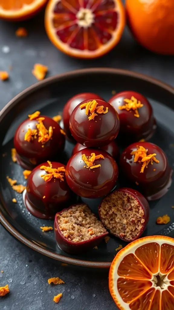 A plate of blood orange truffles with a shiny chocolate coating and orange zest on top, alongside fresh blood oranges.