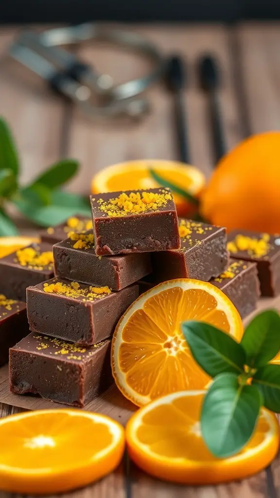 Orange Zest Dark Chocolate Fudge with fresh orange slices and green leaves