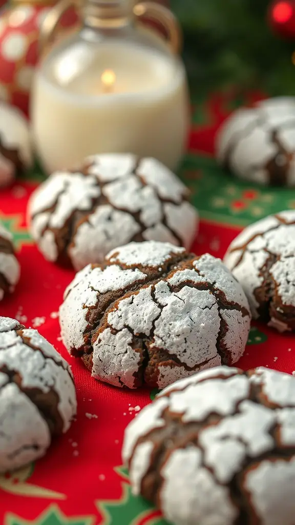 Chocolate crinkle cookies on a festive table with a candle and holiday decorations