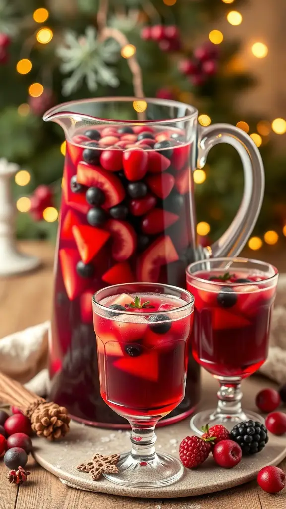 A pitcher of Winter Berry Sangria with berries and fruit slices, served with glasses on a wooden table.