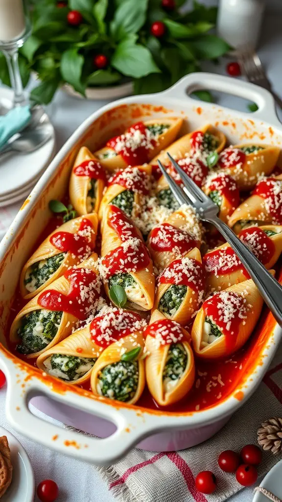 A baking dish filled with spinach and ricotta stuffed shells topped with tomato sauce and cheese.