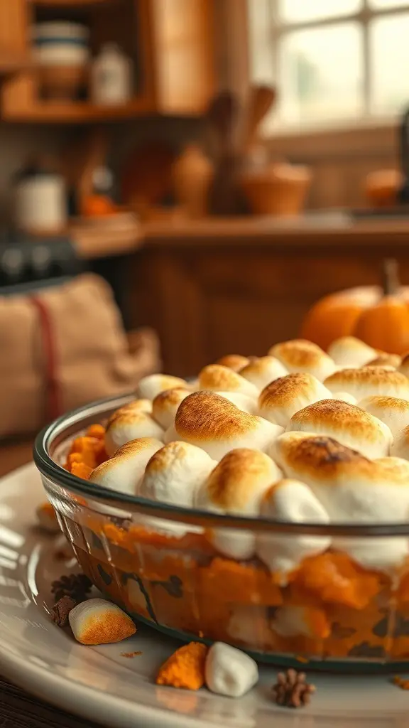 A delicious sweet potato casserole topped with toasted marshmallows, served in a glass dish.