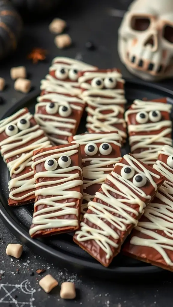 A plate of mummy wrapped chocolate bark decorated with white chocolate drizzle and candy eyes, set against a Halloween-themed backdrop.