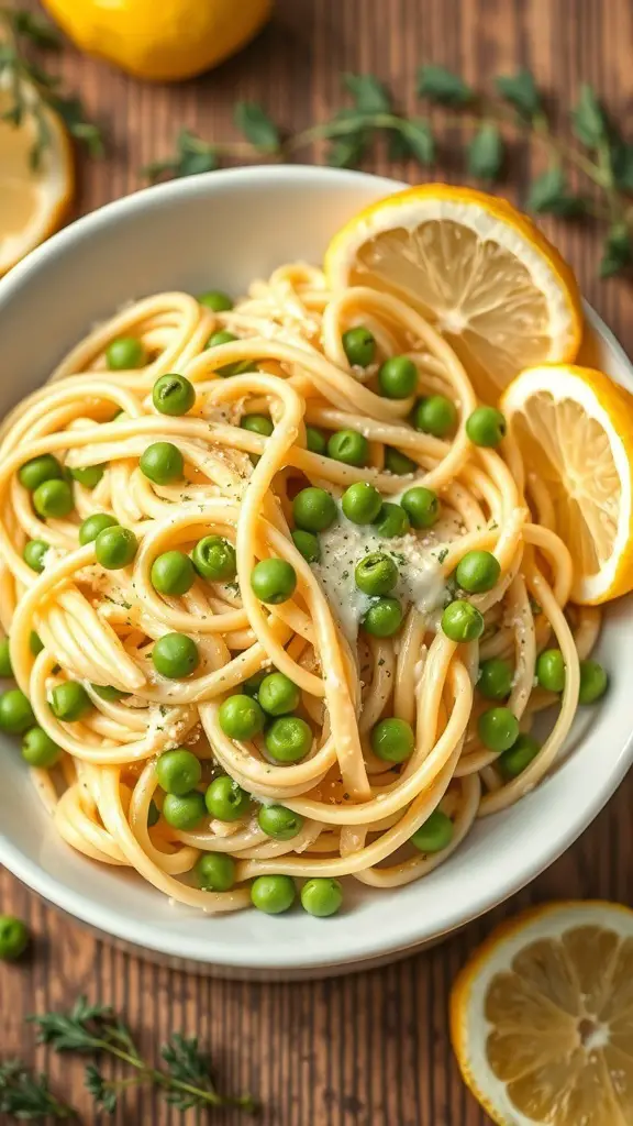 A bowl of lemon cream pasta with peas, garnished with lemon slices and thyme.