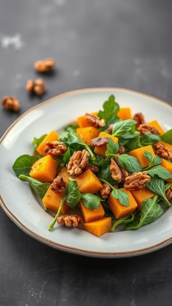 A plate of roasted butternut squash salad with spinach and walnuts.