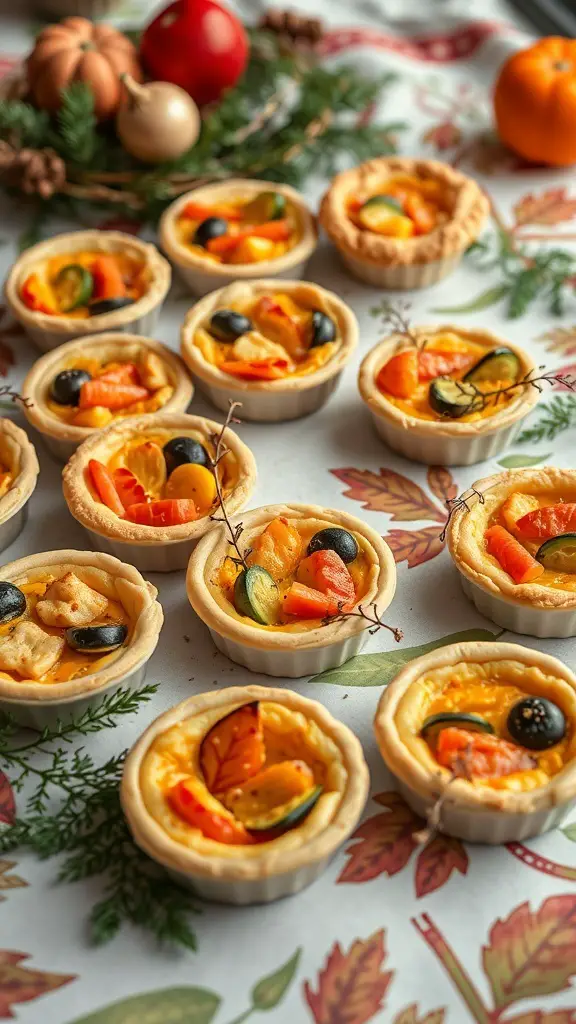 A tray of mini quiches filled with seasonal vegetables, surrounded by festive decorations.
