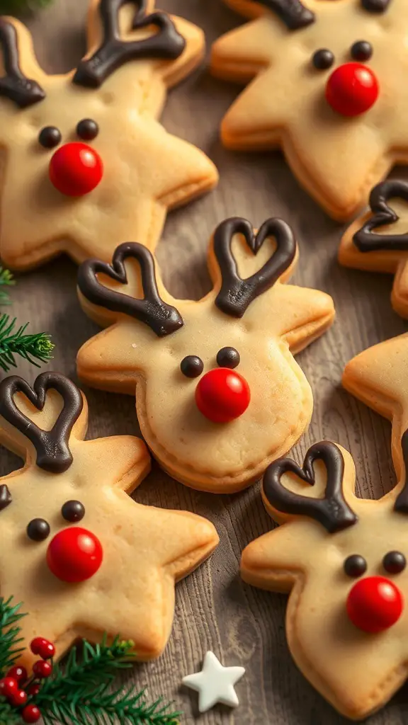 Decorated reindeer sugar cookies with red noses and chocolate antlers