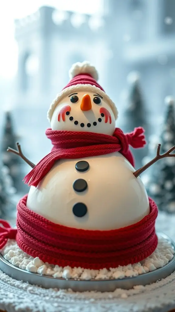 A festive snowman cake decorated with a red scarf and hat, surrounded by a winter scene.