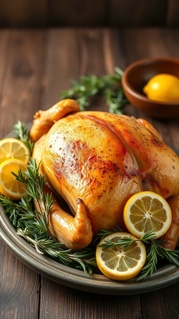A beautifully roasted turkey garnished with lemon slices and rosemary on a wooden table.
