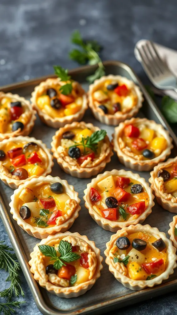 A tray of mini quiches filled with seasonal vegetables, including bell peppers and olives, on a dark background.