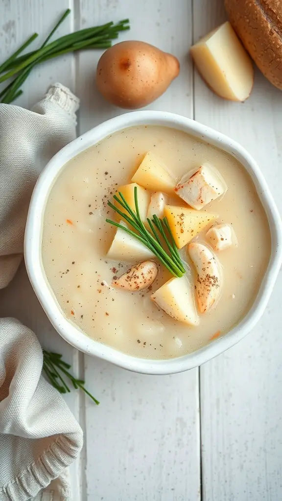 A bowl of potato and crab chowder garnished with chives, with potatoes and a brown potato in the background.