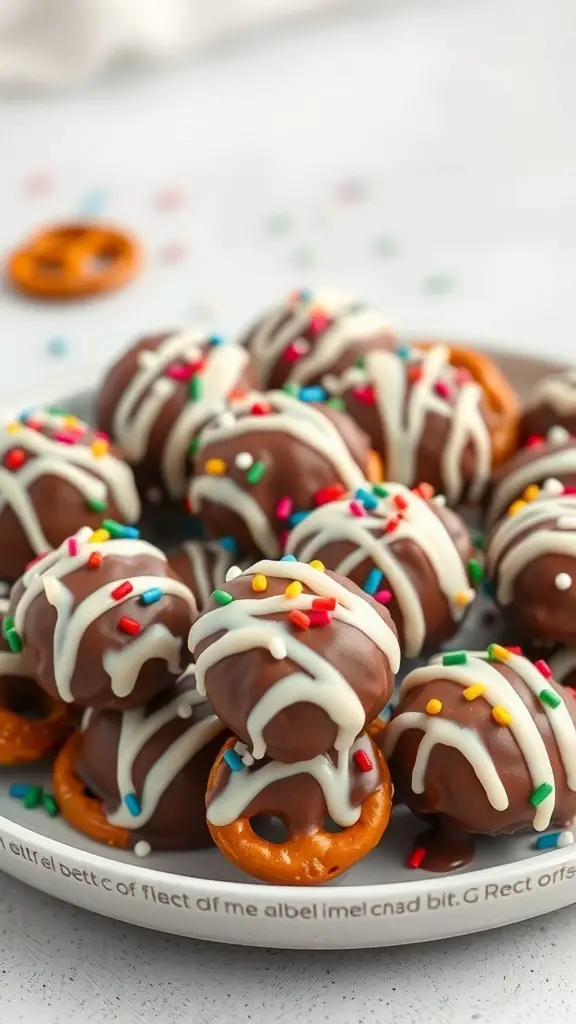 A plate of chocolate-covered pretzel bites with colorful sprinkles