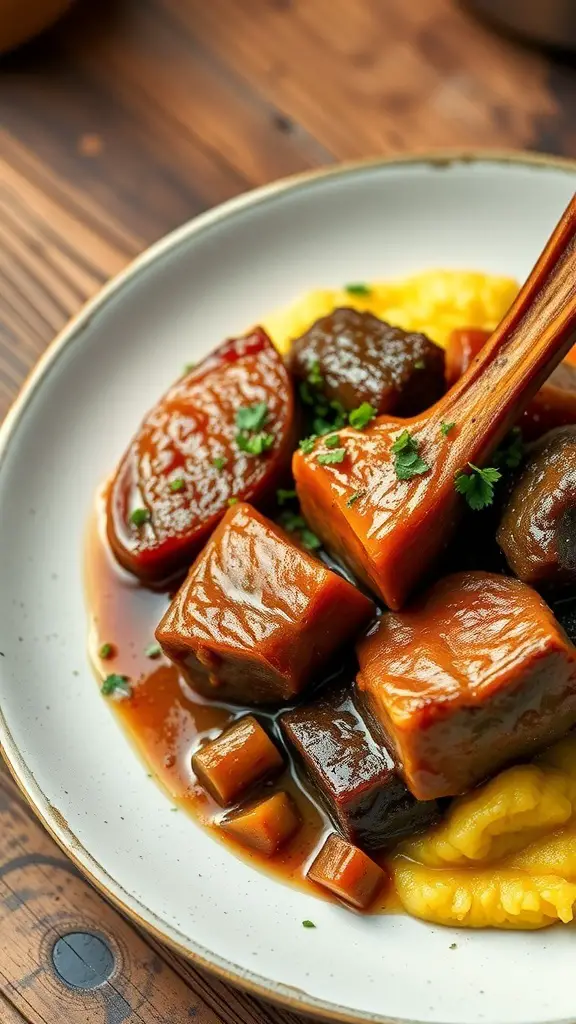 A plate of braised osso buco with gremolata served over creamy polenta.