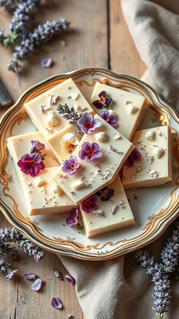 Lavender Honey White Chocolate Bark on a decorative plate with edible flowers and lavender sprigs.