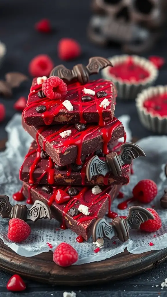 Vampire Blood Raspberry Cracker Bark with bat chocolates and raspberries