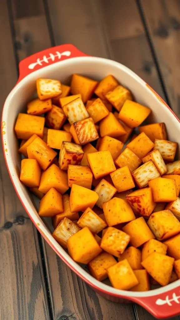 A dish of cubed roasted butternut squash, glistening with maple glaze, served in a football-themed casserole dish.