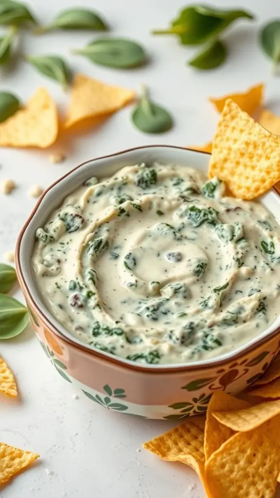 A bowl of creamy spinach and artichoke dip with tortilla chips on the side.