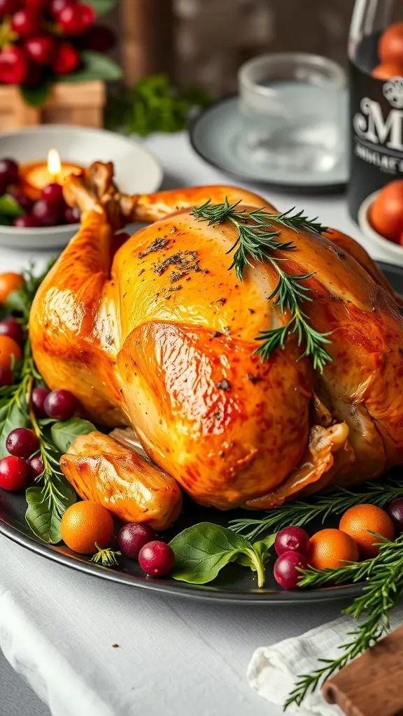 A beautifully roasted turkey garnished with fresh herbs and surrounded by colorful fruits.