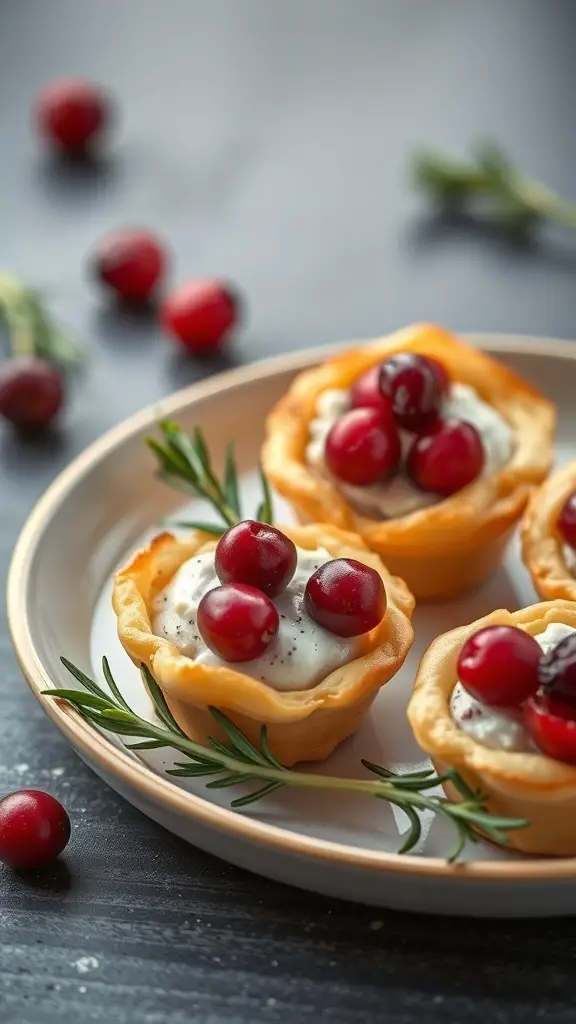 A plate of cranberry brie bites garnished with fresh cranberries and rosemary.
