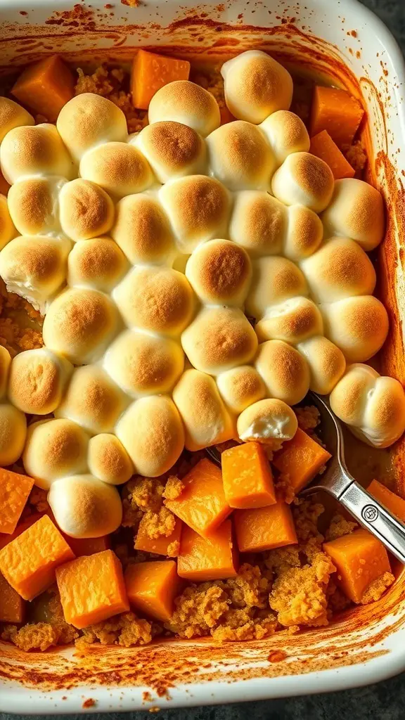 A sweet potato casserole topped with toasted marshmallows in a baking dish.