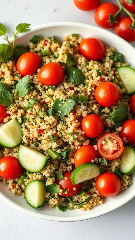 A bowl of herbed quinoa salad with cherry tomatoes, cucumbers, and fresh herbs.