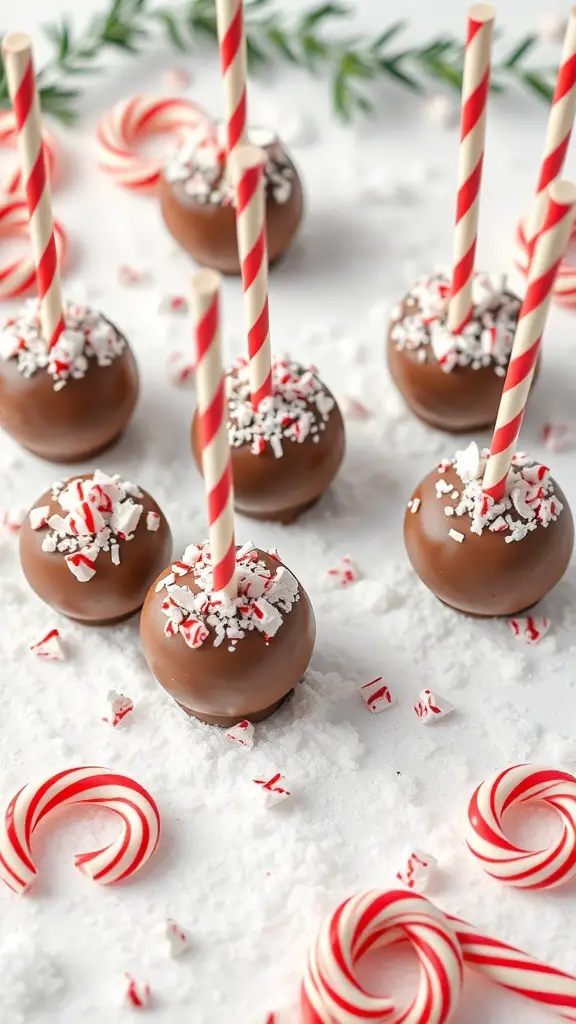 Peppermint mocha cake pops with red and white striped straws and crushed peppermint toppings.