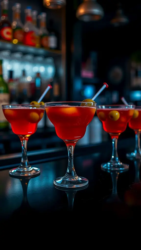 Bloody Mary Eyeball Shots in cocktail glasses
